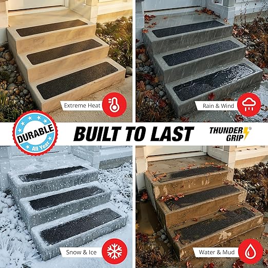 Thunder Grip Outdoor Stair Treads Non Slip 30" x 6" - 15-Pack Weather Resistant Exterior Grip Tape for Wooden Steps - Anti Skid Strips - Waterproof 80-Grit Adhesive Treads