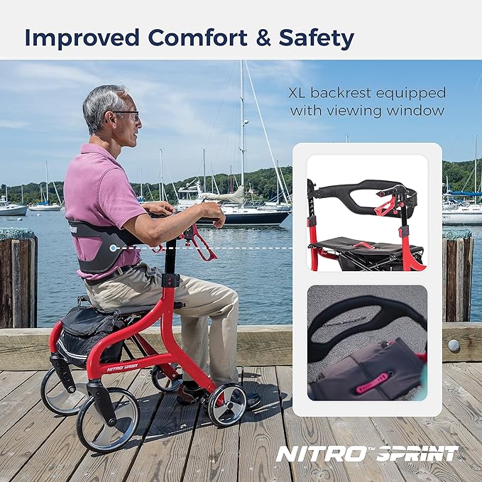 Drive Medical Nitro Sprint Foldable Rollator Walker with Seat, Petite Height Lightweight Rollator with Large Wheels, Folding Rollator, Short Rolling Walker for Seniors and Adults, Red
