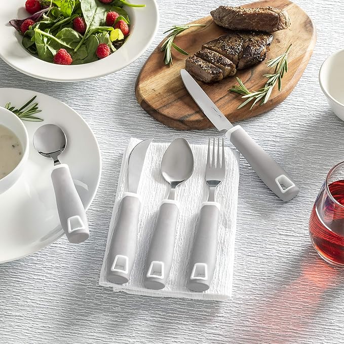Special Supplies Adaptive Utensils 5-Piece Set Non-Weighted, Non-Slip Handles for Hand Tremors, Arthritis, Parkinson’s or Elderly Use - Stainless Steel Knife, Rocker Knife, Fork, Spoons (Grey)