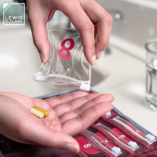 Lewis N. Clark Travel Pill Organizer, for Vitamins, Medication, Prescriptions, Or Medicine Storage, 16 Slot Pouch, Red