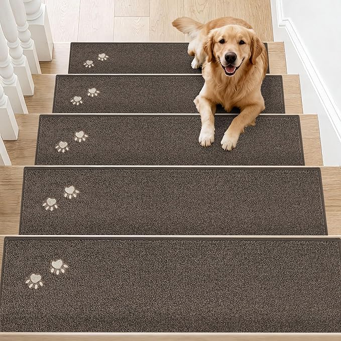 BEQHAUSE Stair Treads for Wooden Steps 28inX9in, Non Slip Carpet Stair Treads Indoor Stair Runners Machine Washable, Soft Stair Rugs Mat Surface Polyester TPE Backing, 4pcs, Brown