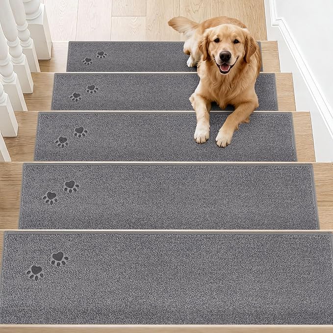 BEQHAUSE Stair Treads for Wooden Steps 28inX9in, Non Slip Carpet Stair Treads Indoor Stair Runners Machine Washable, Soft Stair Rugs Mat Surface Polyester TPE Backing, 15pcs, Grey