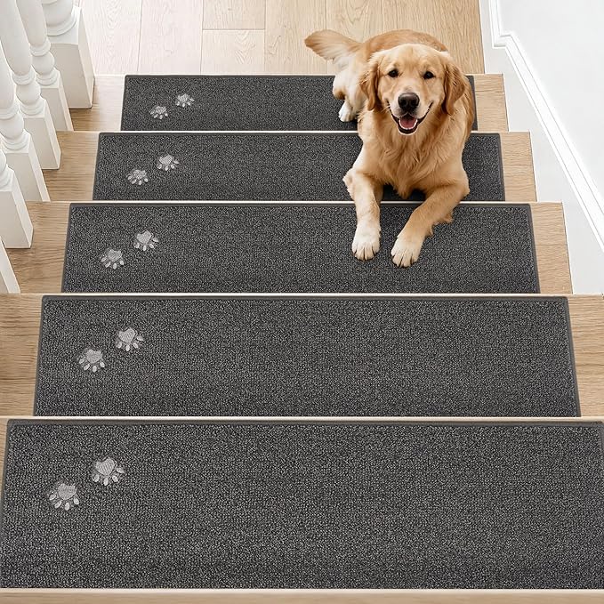 BEQHAUSE Stair Treads for Wooden Steps 28inX9in, Non Slip Carpet Stair Treads Indoor Stair Runners Machine Washable, Soft Stair Rugs Mat Surface Polyester TPE Backing, 4pcs, Charcoal