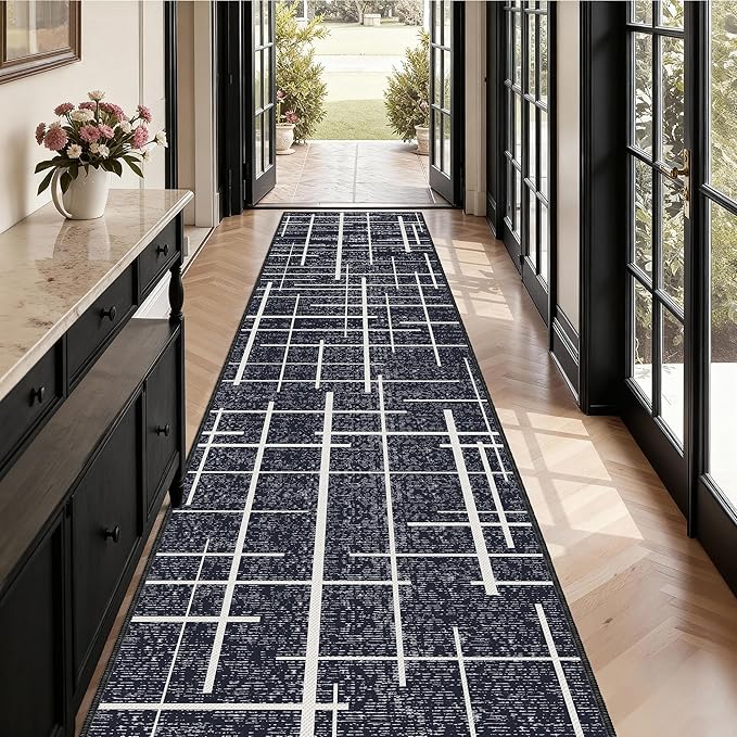 Non Slip Hallway Runner Rug 2.6x12, Modern Distressed Stripe, Washable Extra Long Rug, Woven Thin Low Pile Carpet Runners for Hallway 12ft Entryway, Kitchen, Walkway- Midnight Black