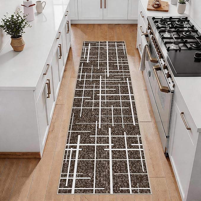 Non Slip Hallway Runner Rug 2x8,Modern Distressed Stripe, Washable Long Rug, Woven Thin Low Pile Carpet Runners for Hallway 10ft Entryway, Kitchen, Walkway- Brown
