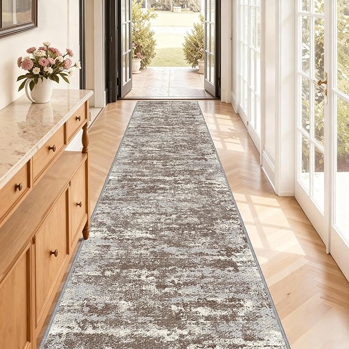 Non Slip Floor Runners for Dogs 2.6x12 Washable Runner Rug Abstract, Joint Support for Senior Dogs, Woven, Extra Grip Traction Runners for Hallway, Entryway, Walkway, Brown