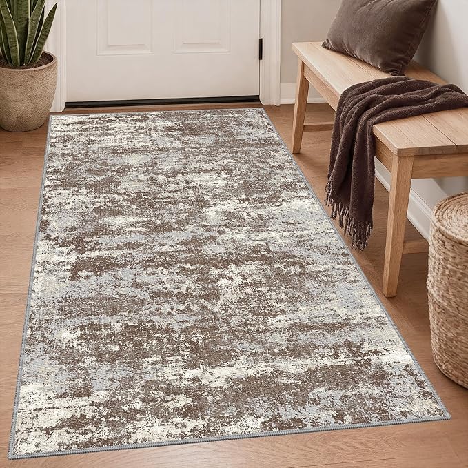3x5 Area Rug Washable Entryway Rug Non Slip Abstract High-Stain Resistance No Pile Lightweight Throw Rugs Carpet for Kitchen, Entrance, Foyer, Bedside, Mudroom- Deep Brown