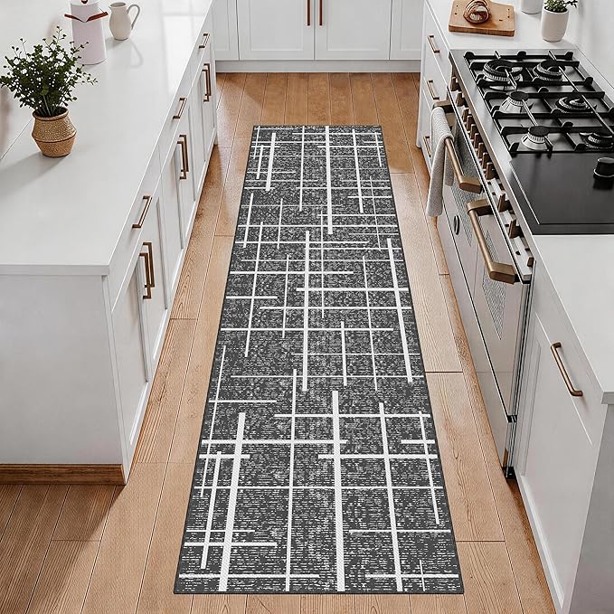 Non Slip Hallway Runner Rug 2x8,Modern Distressed Stripe, Washable Long Rug, Woven Thin Low Pile Carpet Runners for Hallway 10ft Entryway, Kitchen, Walkway- Gray