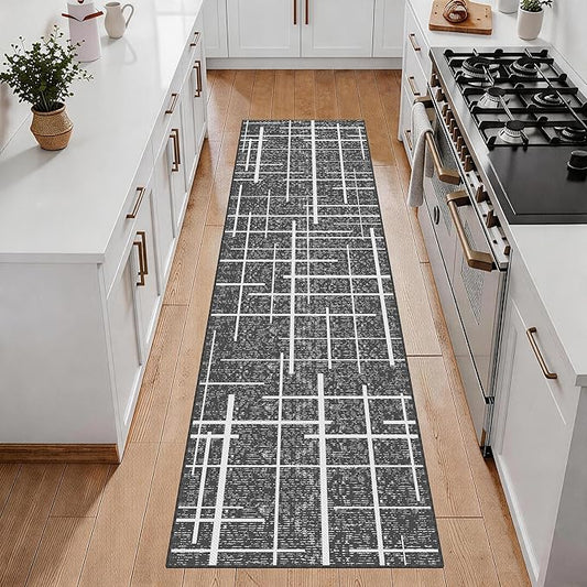 Non Slip Hallway Runner Rug 2x8,Modern Distressed Stripe, Washable Long Rug, Woven Thin Low Pile Carpet Runners for Hallway 10ft Entryway, Kitchen, Walkway- Gray