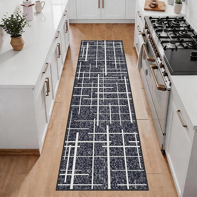 Non Slip Hallway Runner Rug 2x8,Modern Distressed Stripe, Washable Long Rug, Woven Thin Low Pile Carpet Runners for Hallway 10ft Entryway, Kitchen, Walkway- Midnight Black
