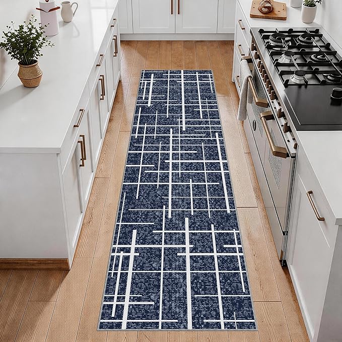 Non Slip Hallway Runner Rug 2x8,Modern Distressed Stripe, Washable Long Rug, Woven Thin Low Pile Carpet Runners for Hallway 10ft Entryway, Kitchen, Walkway- Blue